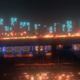 a man stands on a train against a brightly lit megalopolis in replaced